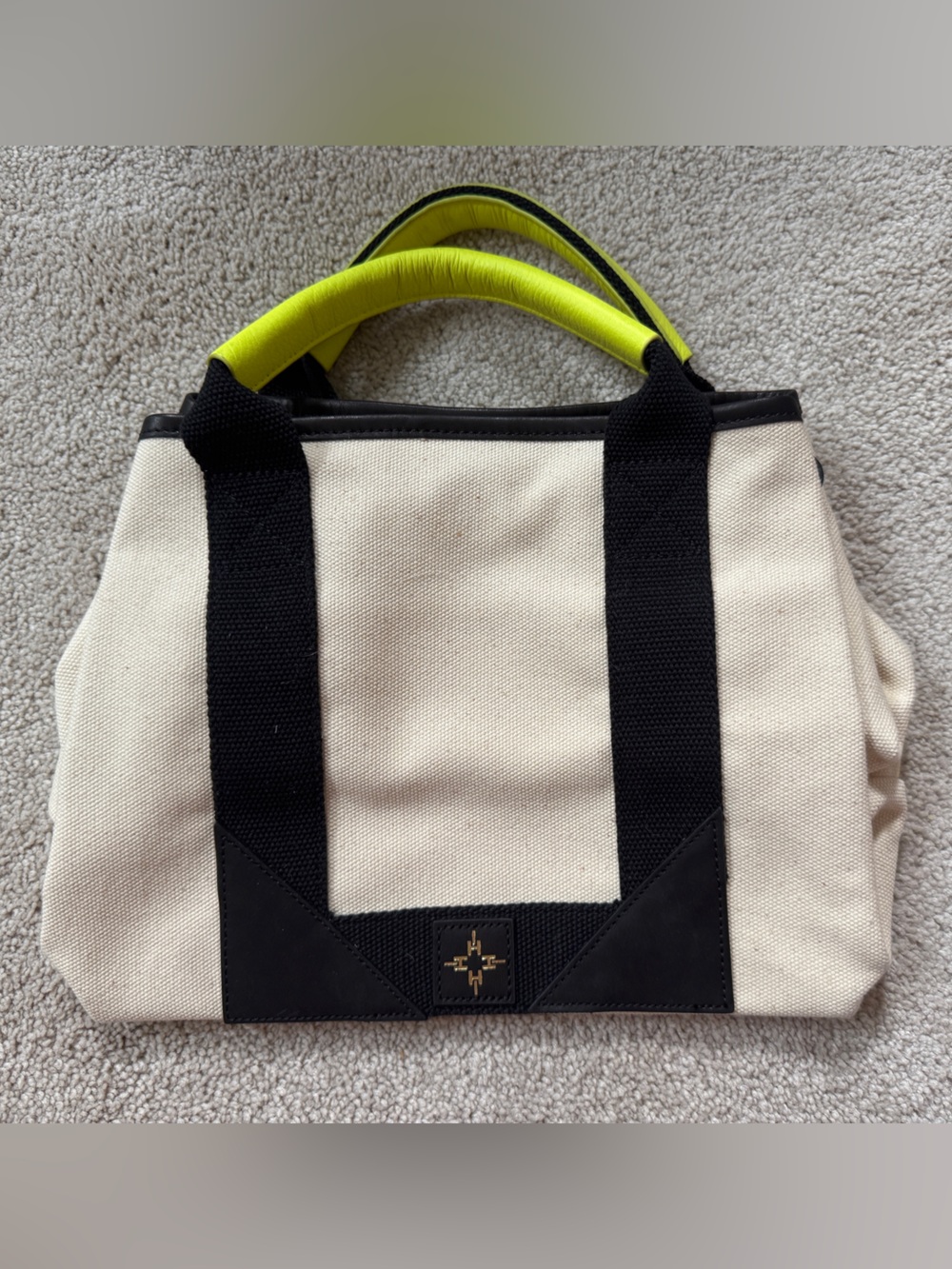 India Hicks Cream Canvas Tote with Black Trim and Neon Yellow Handles